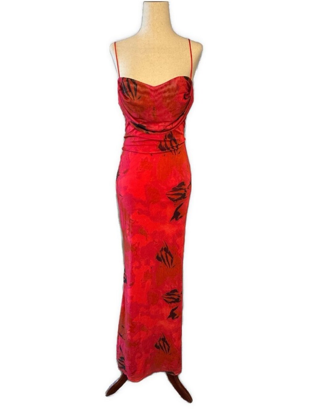 Luxxel Red Orange Black Floral Mesh Lace Up Corset Tank Maxi Dress Y2K Large